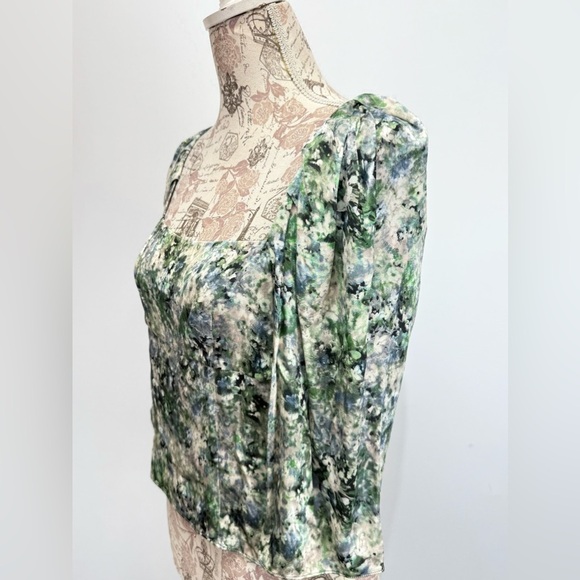 VINCE Green and blue floral print puff sleeve square neck top size 4 - Picture 8 of 15